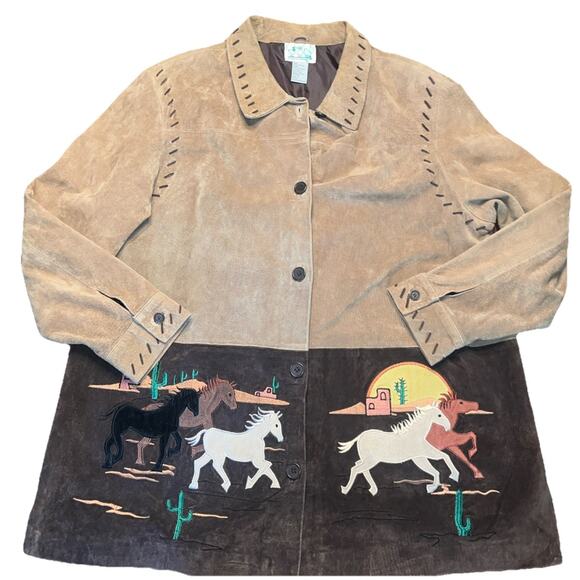 Vintage Quacker Factory Western Suede Coat Jacket Size 1X Sun Horse Embroidered - Picture 1 of 6